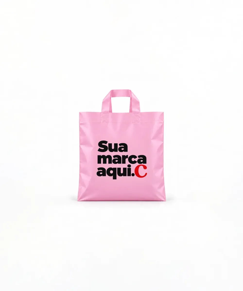 Sacola de Plástico Alça Fita · Rosa Bebê Fosco · com a sua marca