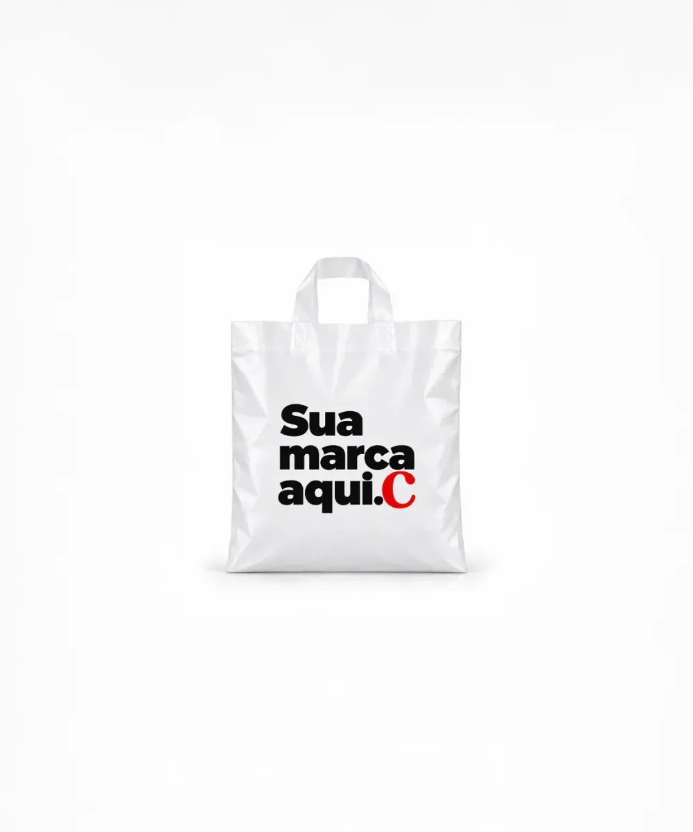 Sacola de Plástico Alça Fita · Branco Fosco · com a sua marca